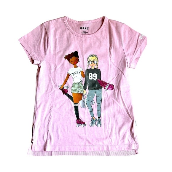 DKNY Girl’s Pink Short Sleeve T-Shirt Skater Best Friend Skateboard Roller Sz. 7 - Picture 1 of 7